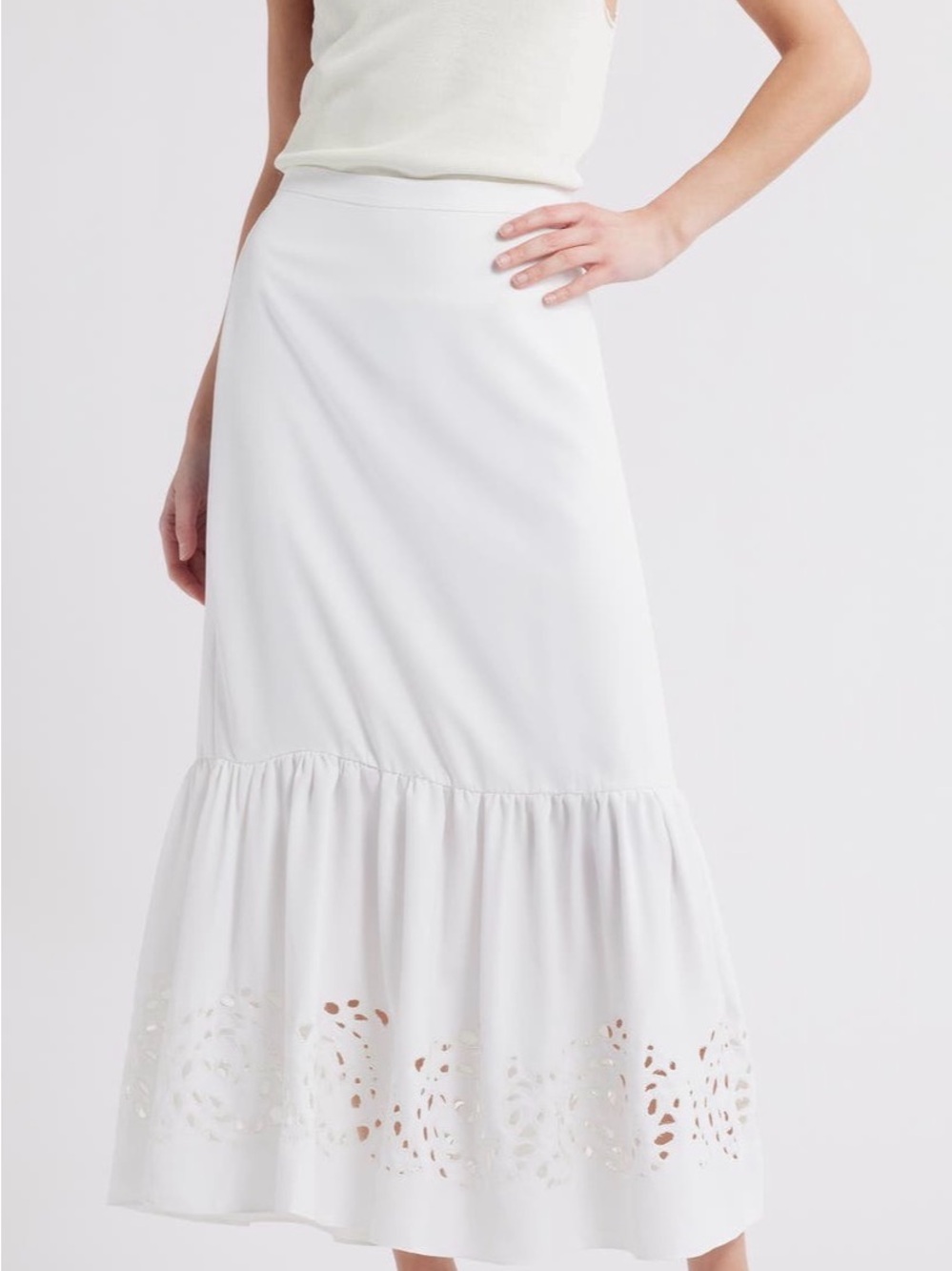 Halogen White Eyelet-Trim Midi Skirt